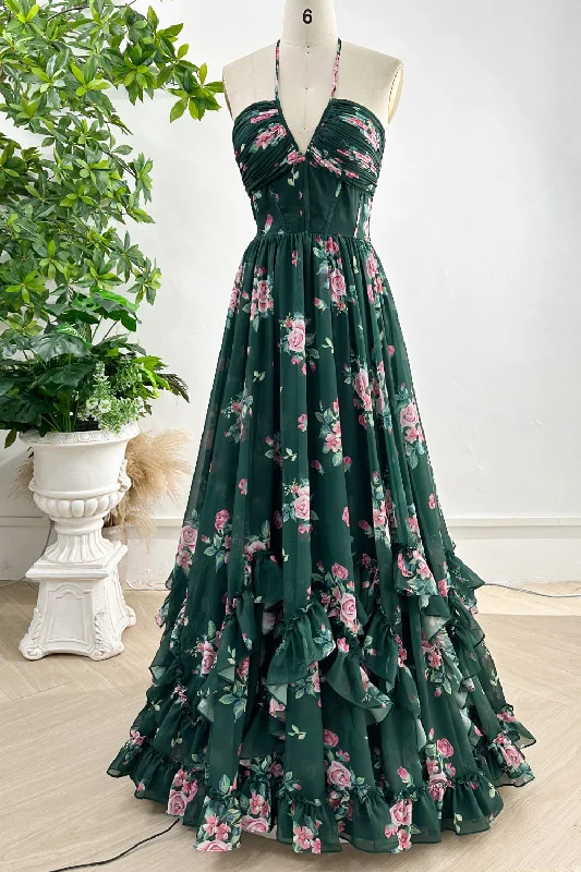 Halter V Neck Corset Floral Print Chiffon  Dark Green Dress