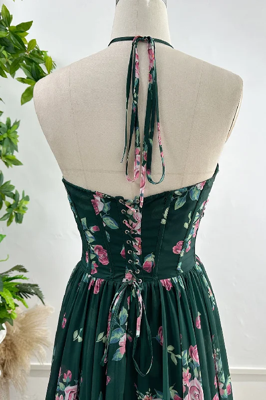 Halter V Neck Corset Floral Print Chiffon  Dark Green Dress