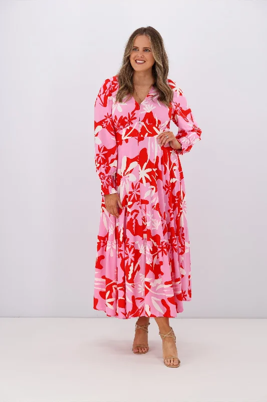 Iris Maxi Olivia LS Midi Dress Pink Red Floral