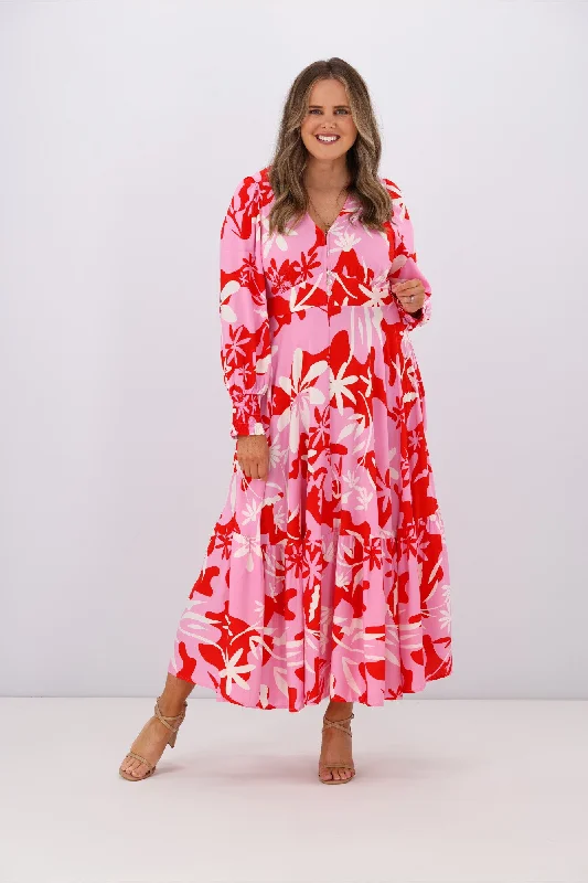 Iris Maxi Olivia LS Midi Dress Pink Red Floral