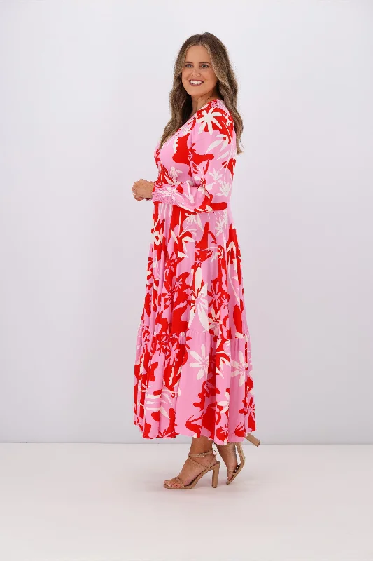 Iris Maxi Olivia LS Midi Dress Pink Red Floral