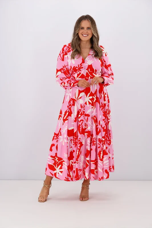 Iris Maxi Olivia LS Midi Dress Pink Red Floral