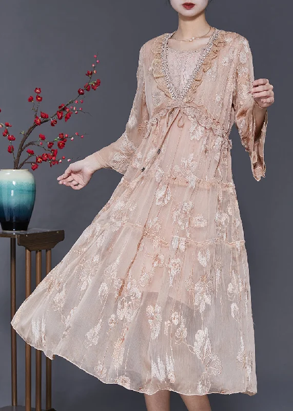 Italian Champagne Embroidered Silk Vacation Dresses Summer SD1076