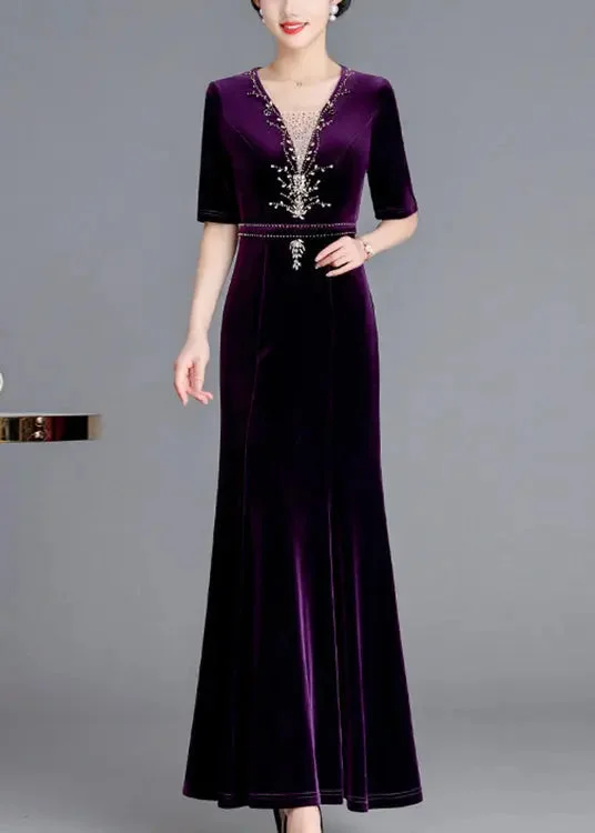 Zircon Silk Velour Long Dresses Fall