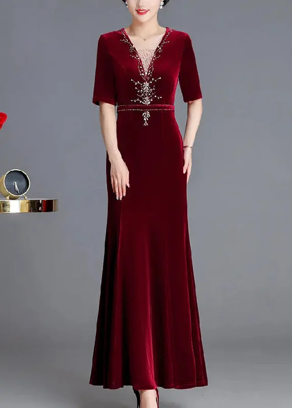 Zircon Silk Velour Long Dresses Fall