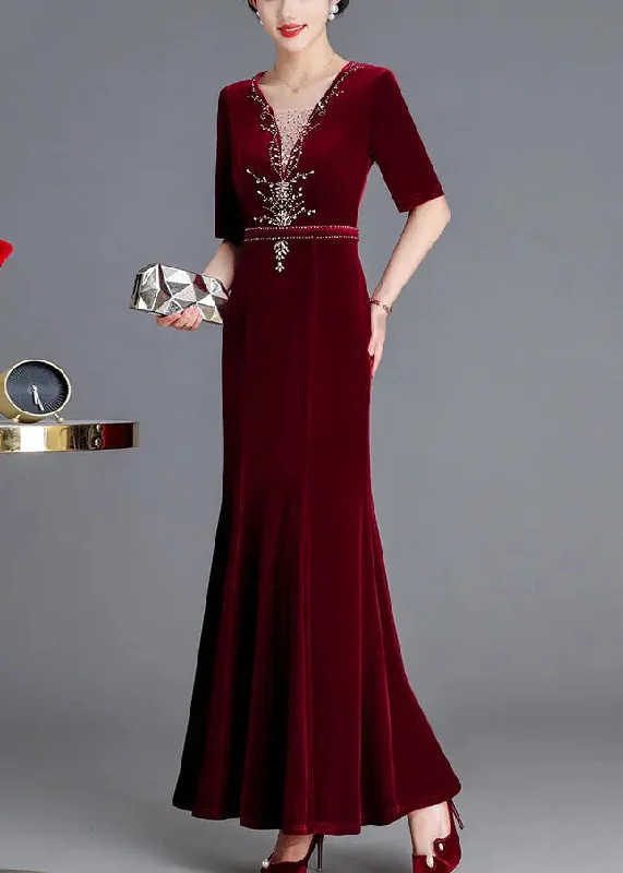 Zircon Silk Velour Long Dresses Fall