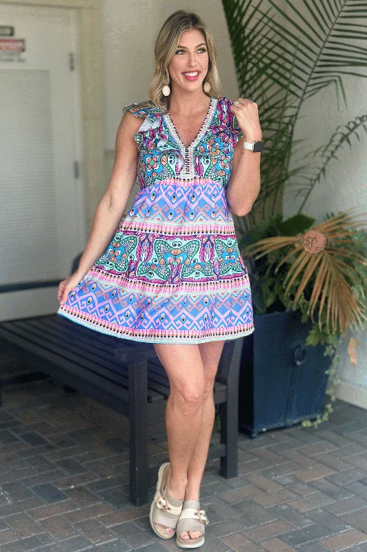 Joy Joy Wonder Aztec Ruched V-Neck Ruffle Dress