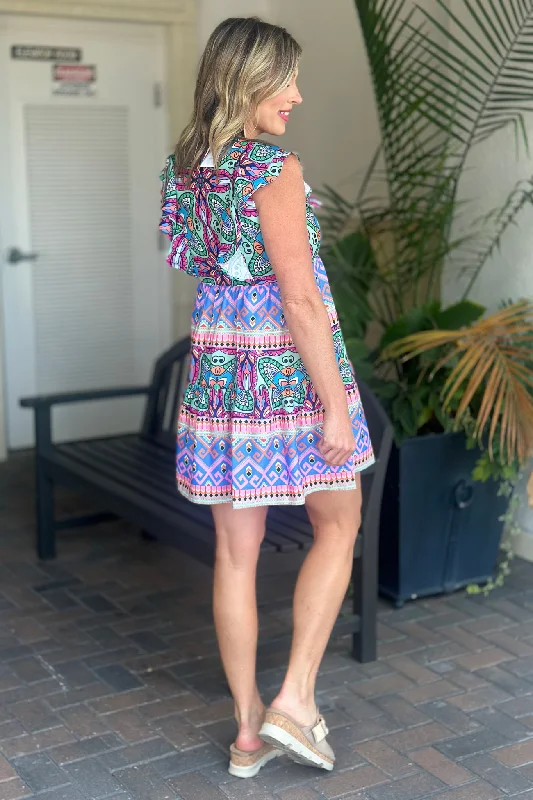 Joy Joy Wonder Aztec Ruched V-Neck Ruffle Dress