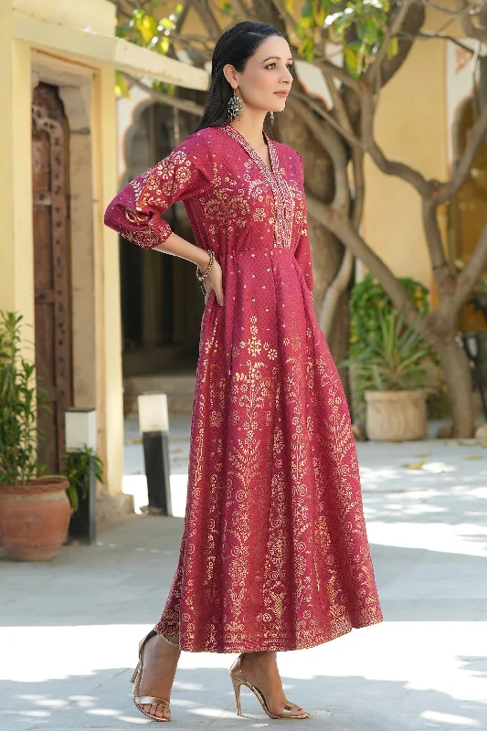 Juniper Maroon Ethnic Motif Printed Rayon Anarkali Dress.