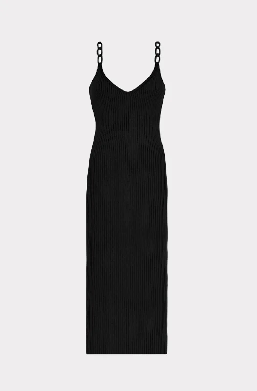 Knit Chain Strap Midi Dress - Black