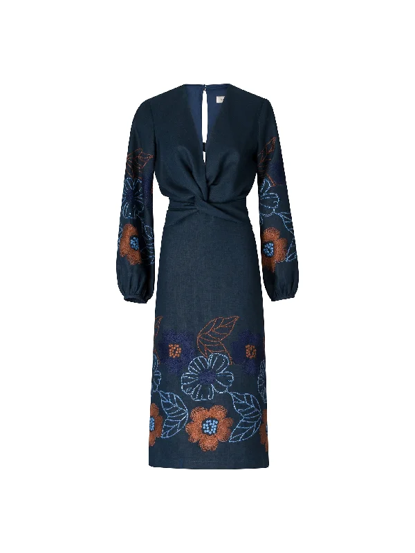 Laoise Dress Navy Ochre Flower Embroidery