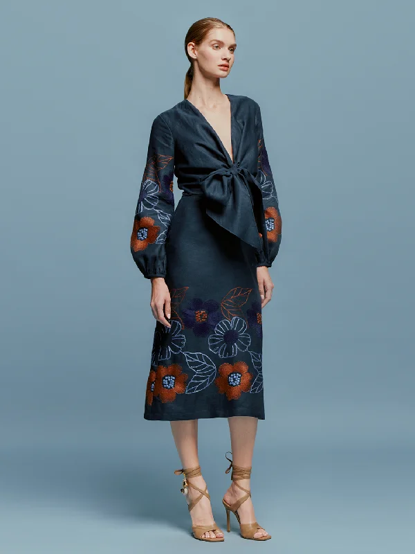 Laoise Dress Navy Ochre Flower Embroidery