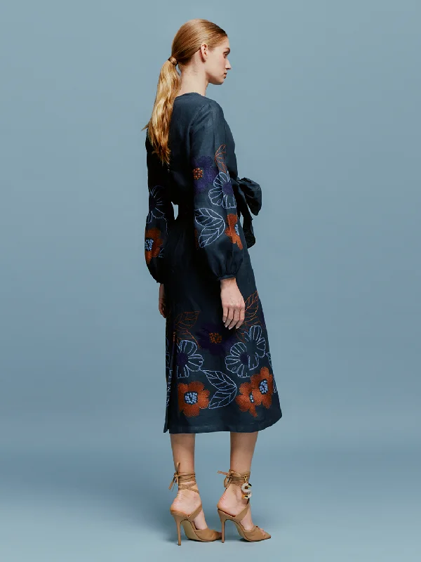 Laoise Dress Navy Ochre Flower Embroidery