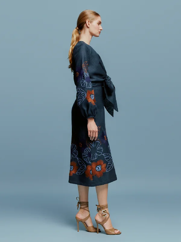 Laoise Dress Navy Ochre Flower Embroidery