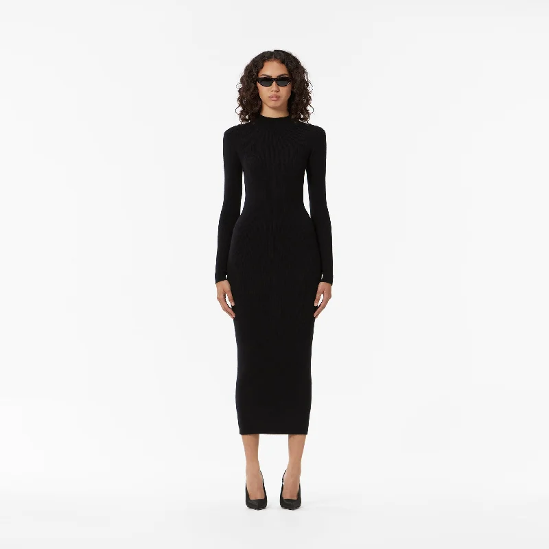 LONG DRESS IN BLACK RIBBED CASHMERE