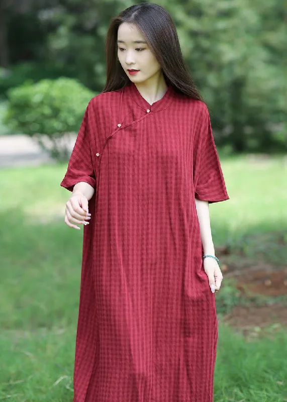 Loose Red Stand Collar Button Linen Long Dresses Summer MN055