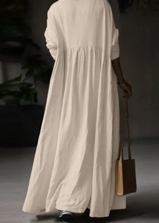 Loose White O Neck Solid Cotton Maxi Dress Long Sleeve FF053