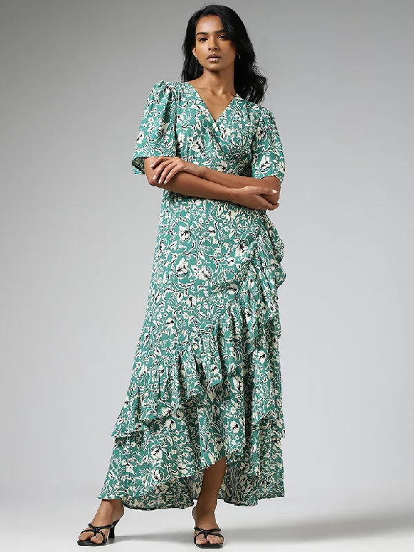 LOV Aqua Green Floral Printed Asymmetrical Wrap Dress