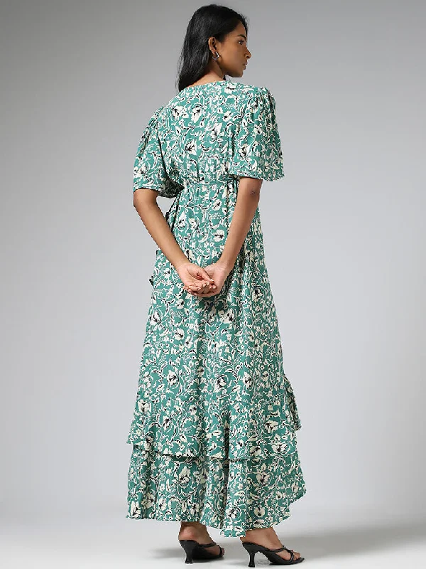 LOV Aqua Green Floral Printed Asymmetrical Wrap Dress