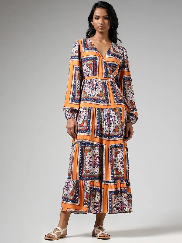 LOV Orange Printed Tiered Dress