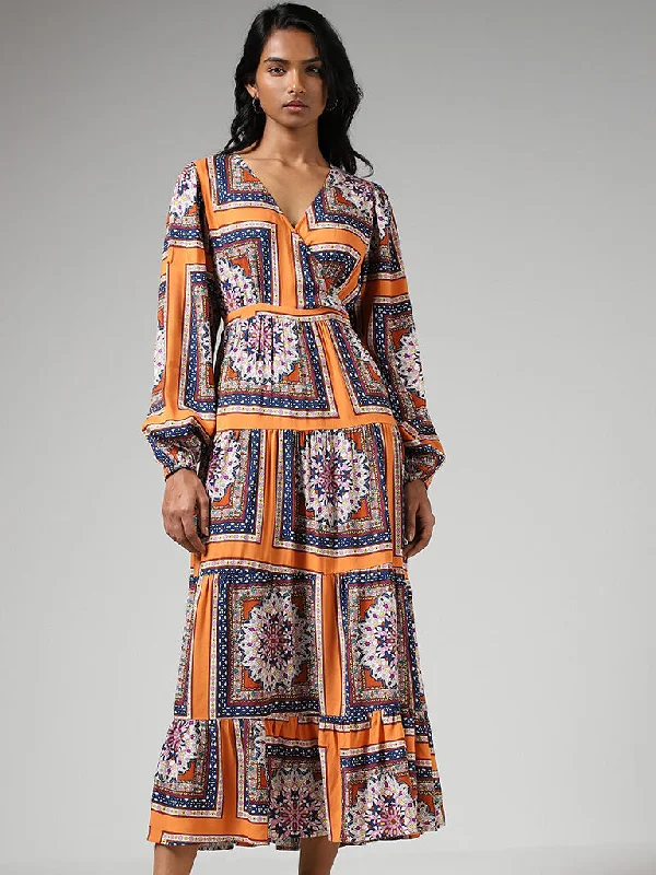 LOV Orange Printed Tiered Dress