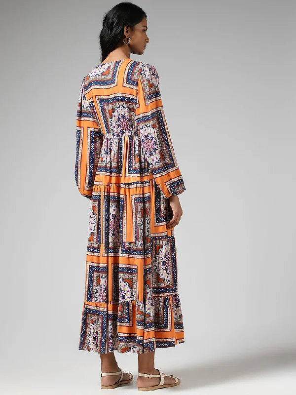 LOV Orange Printed Tiered Dress