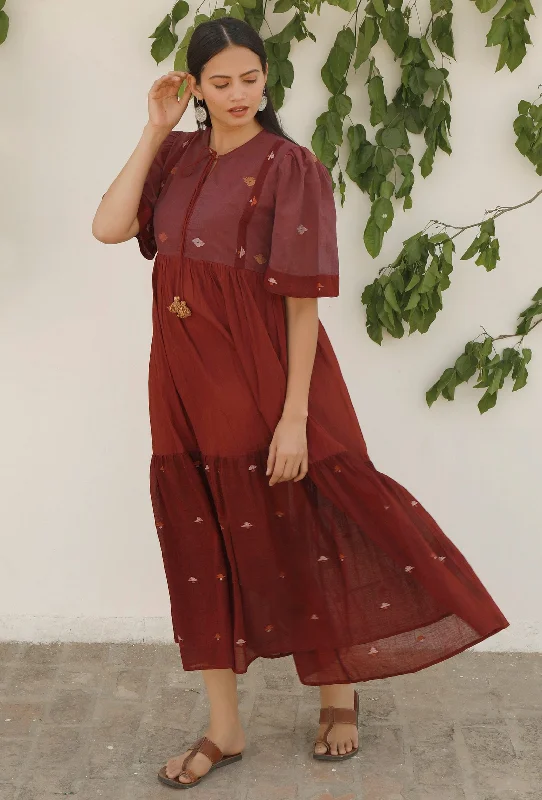 Maroon-Plum Jamdani Mulmul Cotton Tier Long Dress