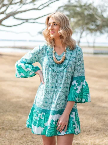 Ilaria 3/4 Flared Sleeve Drop Waist Hand Embroidered Knee Length Dress with Lace Trim in Green Swirl Combo