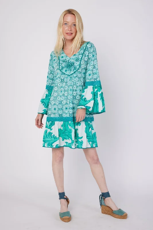 Ilaria 3/4 Flared Sleeve Drop Waist Hand Embroidered Knee Length Dress with Lace Trim in Green Swirl Combo