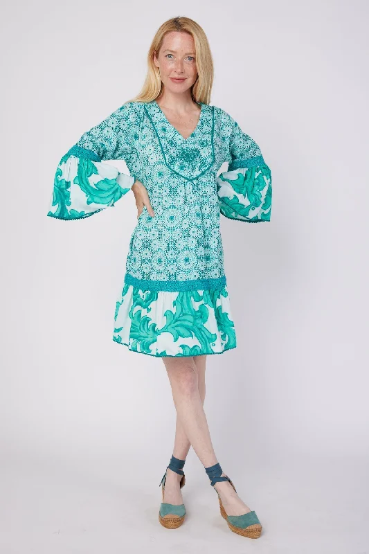 Ilaria 3/4 Flared Sleeve Drop Waist Hand Embroidered Knee Length Dress with Lace Trim in Green Swirl Combo