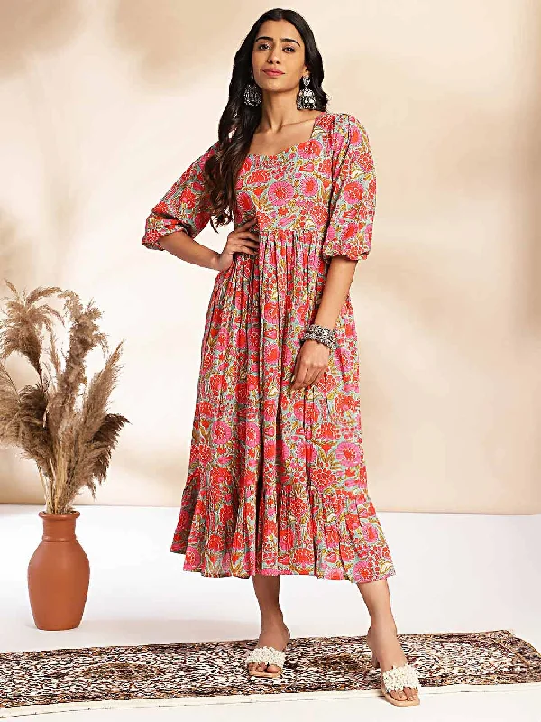 Multicolor Cotton Floral Printed Flared Dress