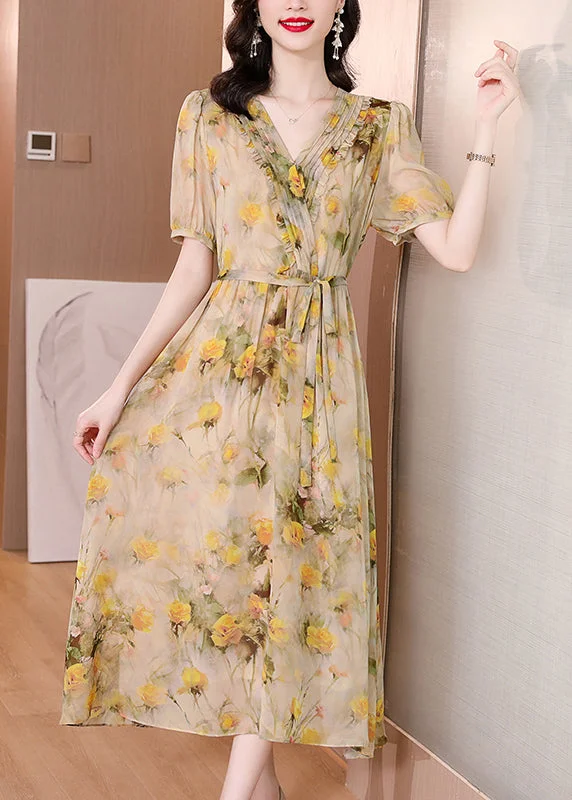 Natural Yellow V Neck Print Lace Up Silk Dress Summer BB023