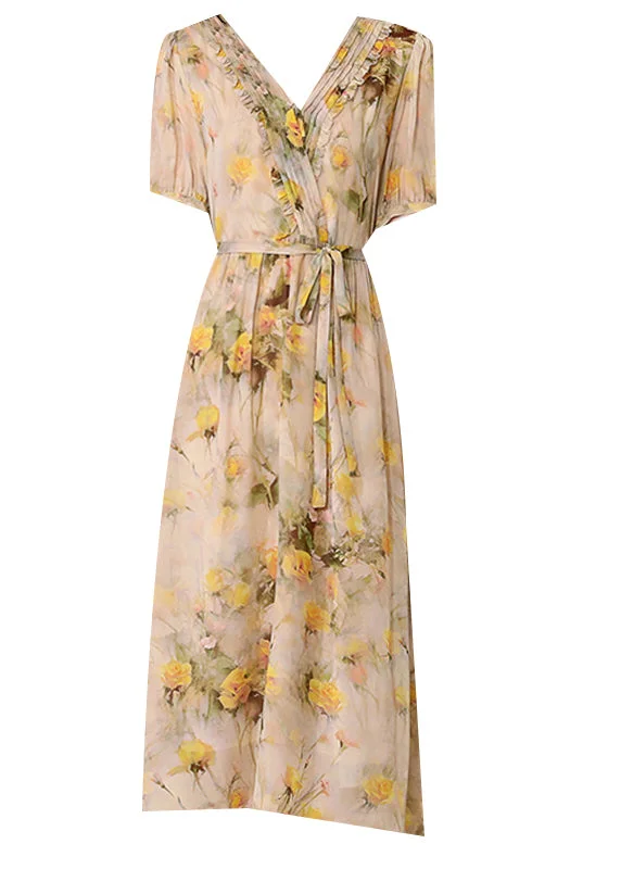 Natural Yellow V Neck Print Lace Up Silk Dress Summer BB023