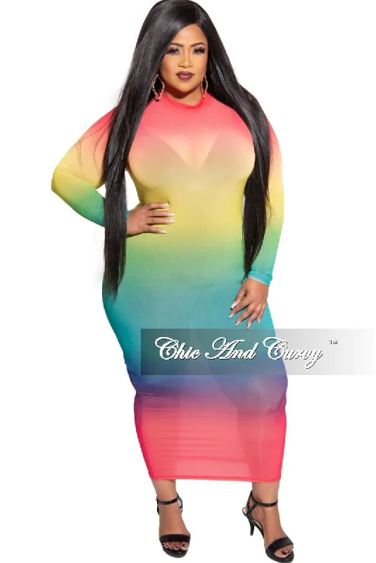 Final Sale Plus Size Sheer Mock Neck BodyCon Dress in Multi Color Tie Dye Print