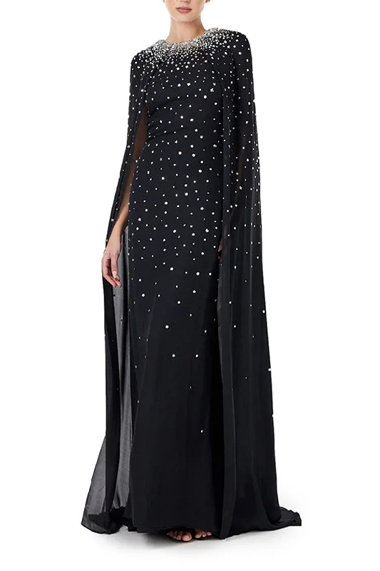 Embroidered Chiffon Cape Gown