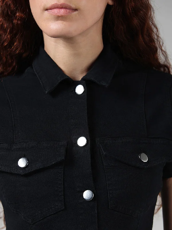 Nuon Solid Black Denim Shirt Dress