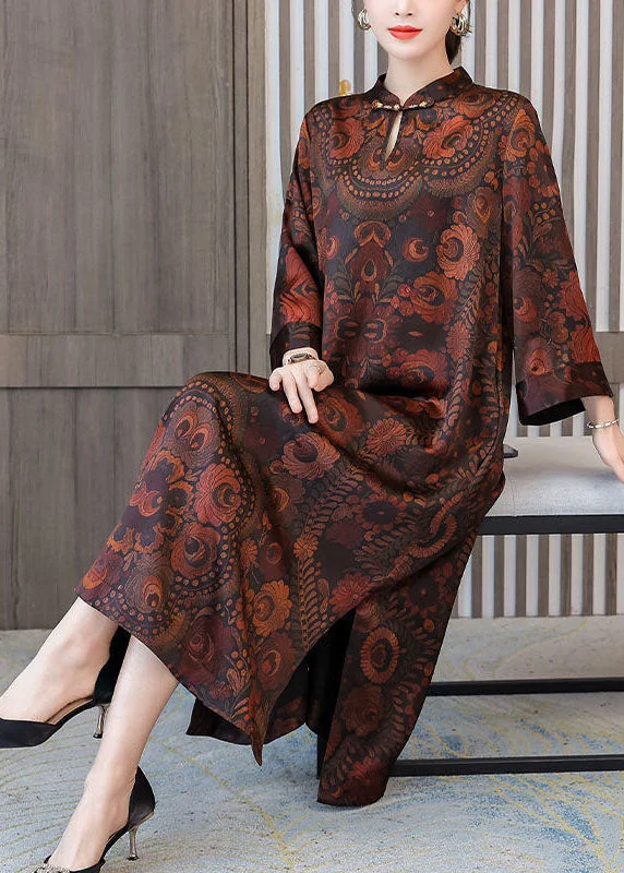 Momentlover Plus Size Dark Brown Print Mandarin Collar Silk A Line Dress Spring LY1691