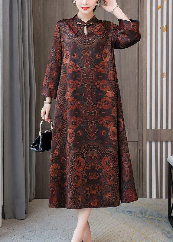 Momentlover Plus Size Dark Brown Print Mandarin Collar Silk A Line Dress Spring LY1691