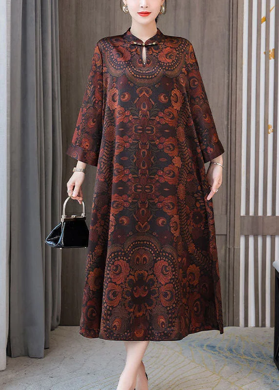 Momentlover Plus Size Dark Brown Print Mandarin Collar Silk A Line Dress Spring LY1691