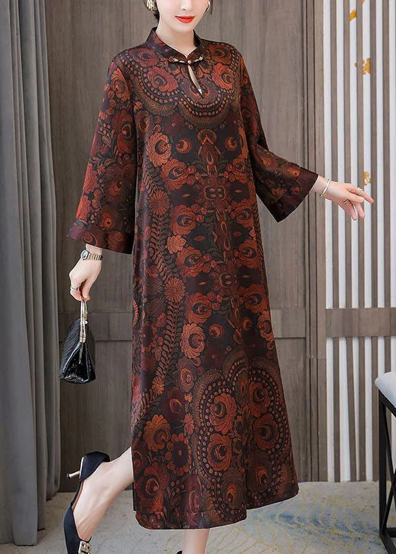 Momentlover Plus Size Dark Brown Print Mandarin Collar Silk A Line Dress Spring LY1691