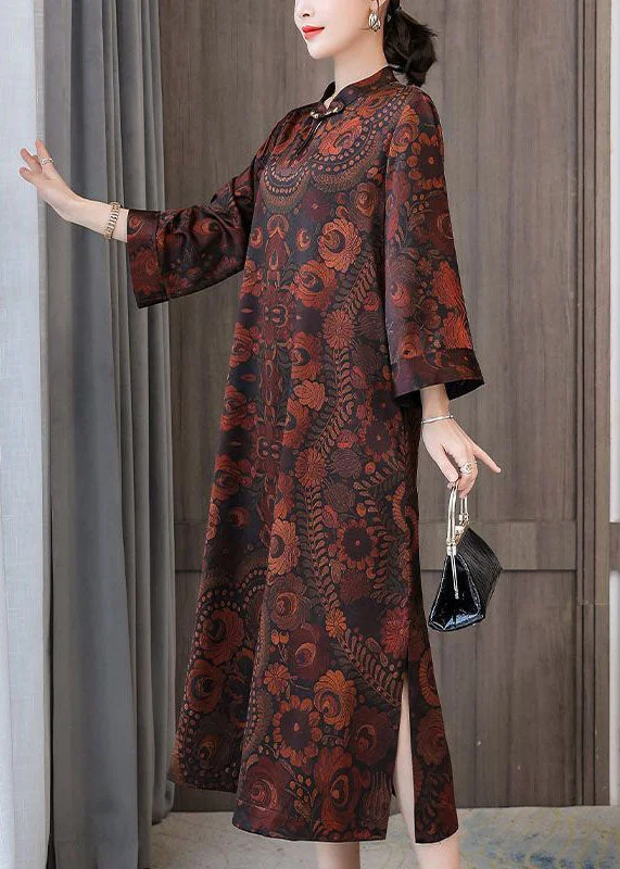 Momentlover Plus Size Dark Brown Print Mandarin Collar Silk A Line Dress Spring LY1691