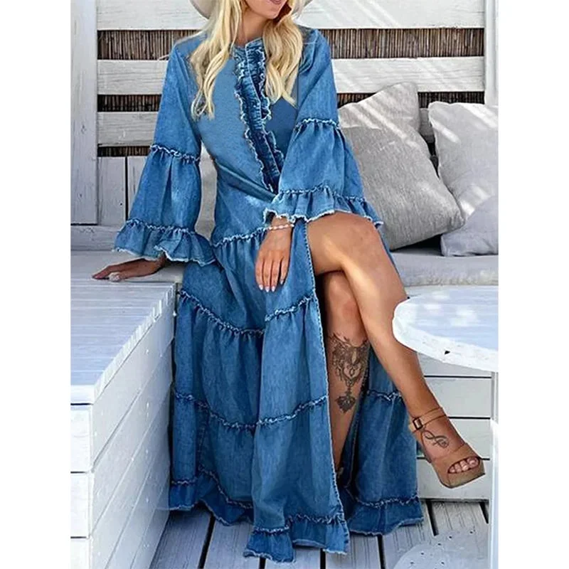 FZ Women's Plus Size  Ruffle Split Tiered Flare Sleeve Maxi Denim Dress