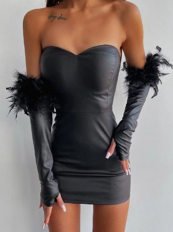 PU LEATHER BLACK MINI DRESS WITH SLEEVES AND GLOPES dress