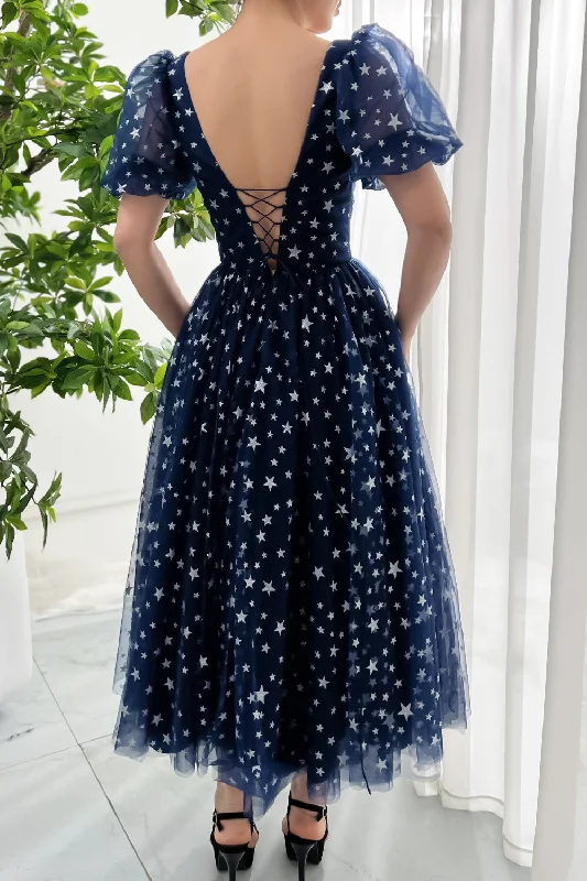 Puff Sleeves V Neck Stars Tulle Midi Dress