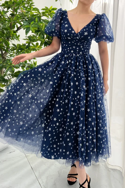 Puff Sleeves V Neck Stars Tulle Midi Dress