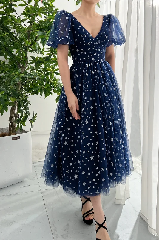 Puff Sleeves V Neck Stars Tulle Midi Dress