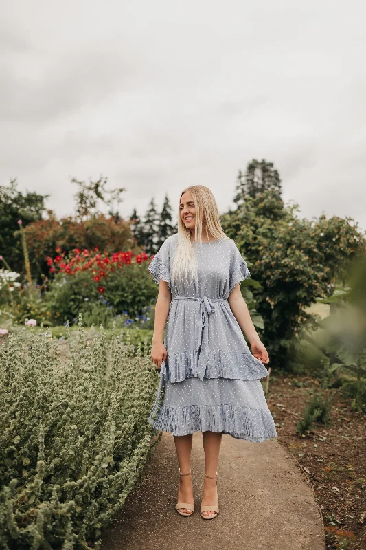 Quinn Pleated Dot Dress in Sky Blue