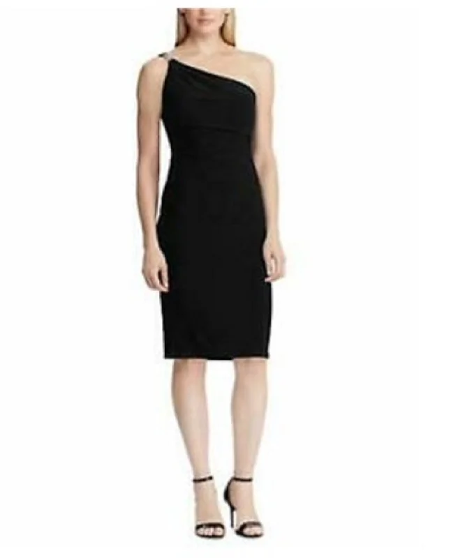 Ralph Lauren Women's Embellished Sleeveless Asymmetrical Neckline Below The Knee Body Con Cocktail Dress Black Size 14