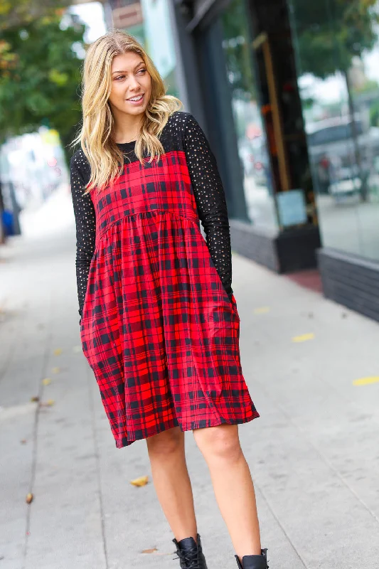 Red & Black Checker Plaid Eyelet Dress