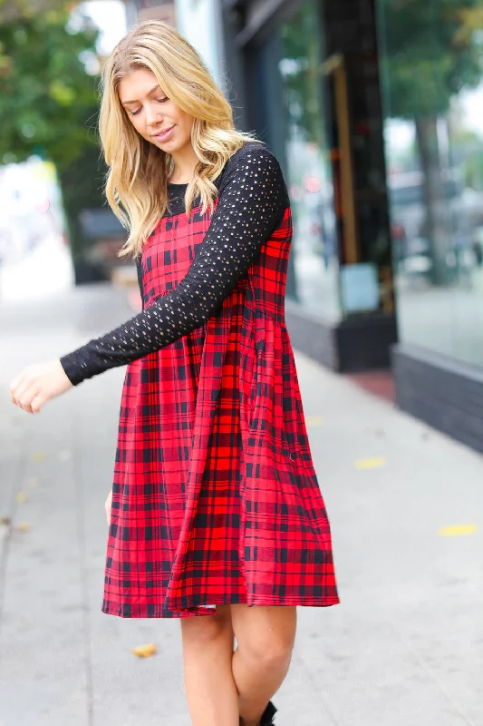 Red & Black Checker Plaid Eyelet Dress